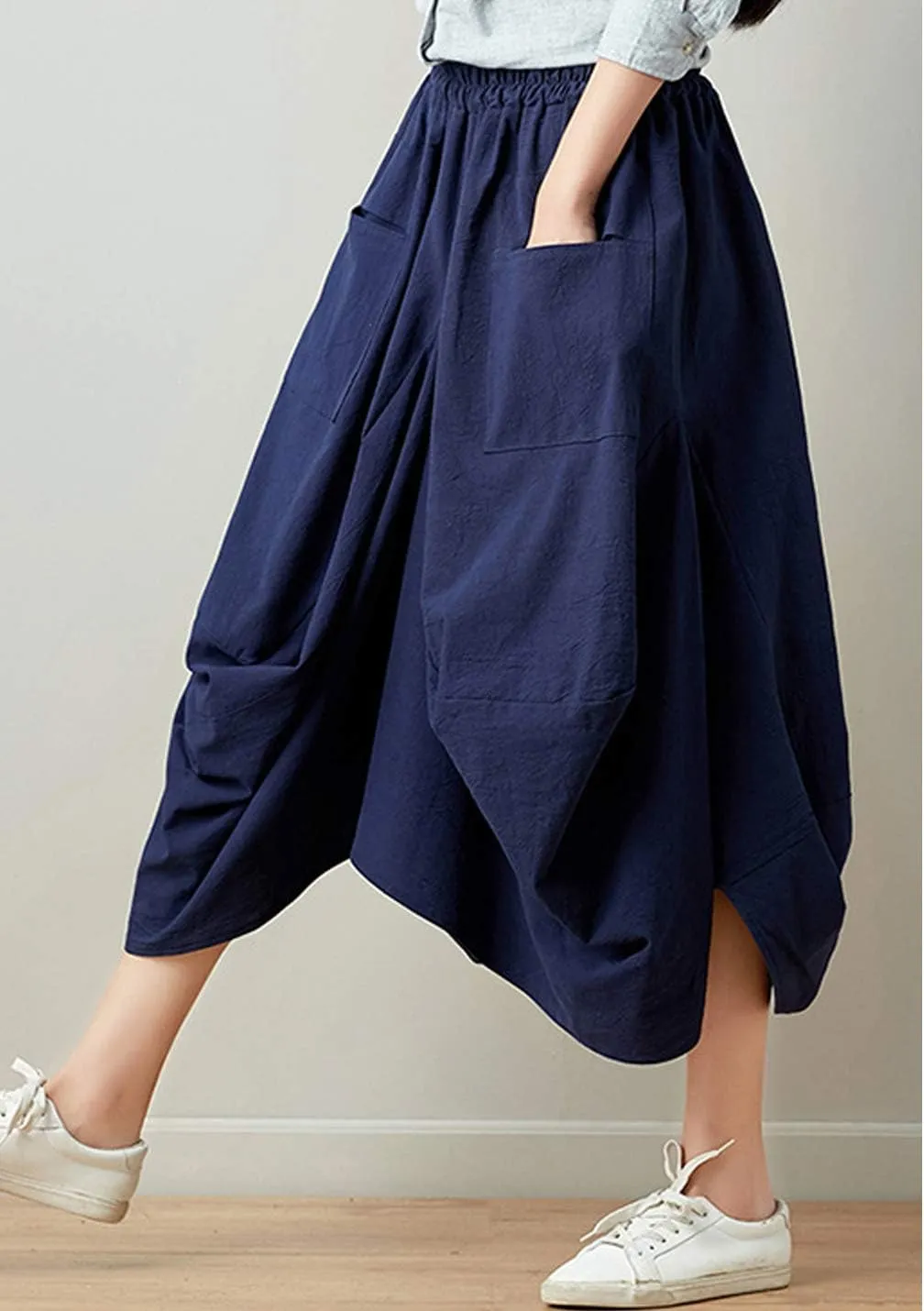 Women Casual Skirts Vintage Linen Cotton High Waisted Summer Midi Skirt