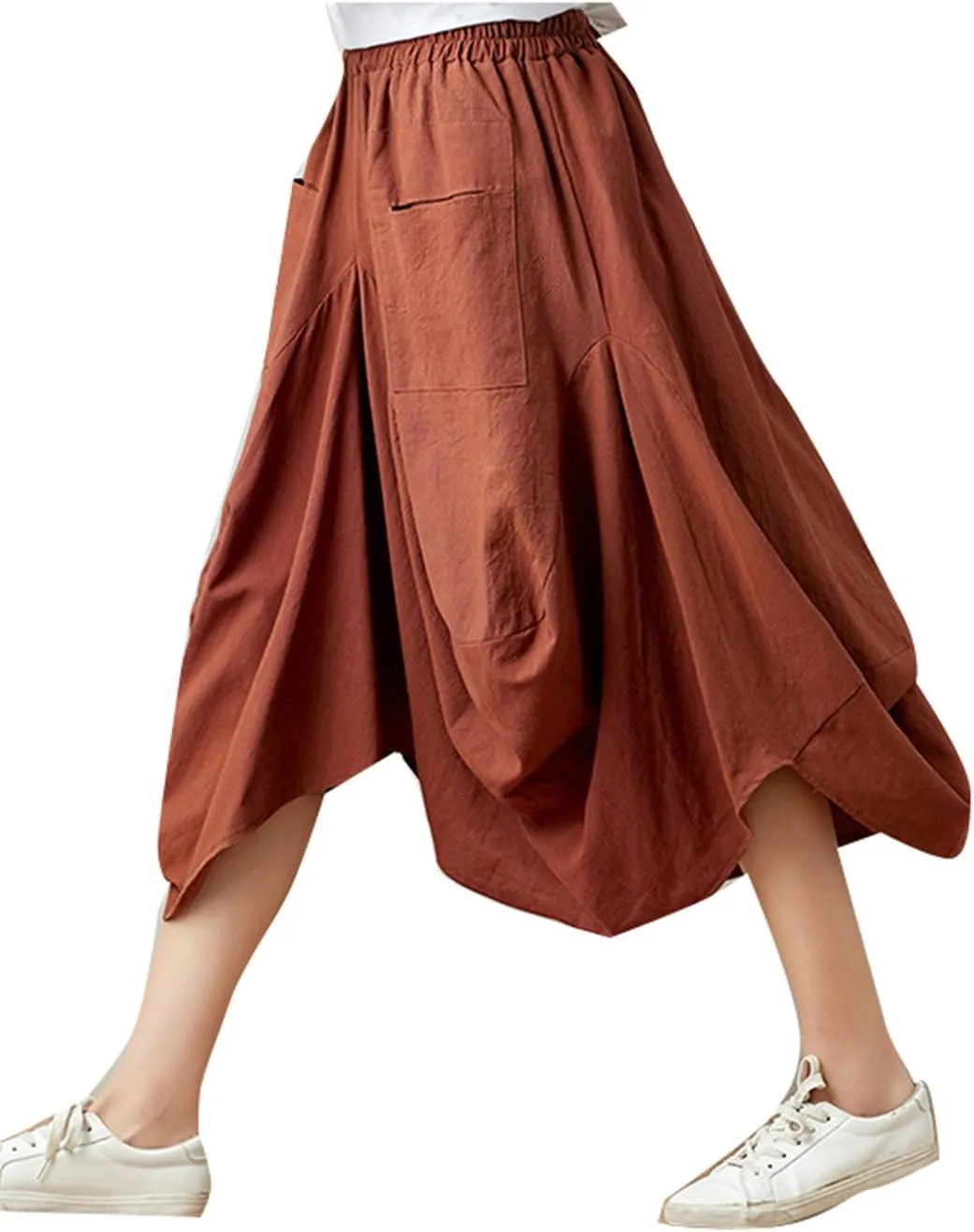 Women Casual Skirts Vintage Linen Cotton High Waisted Summer Midi Skirt