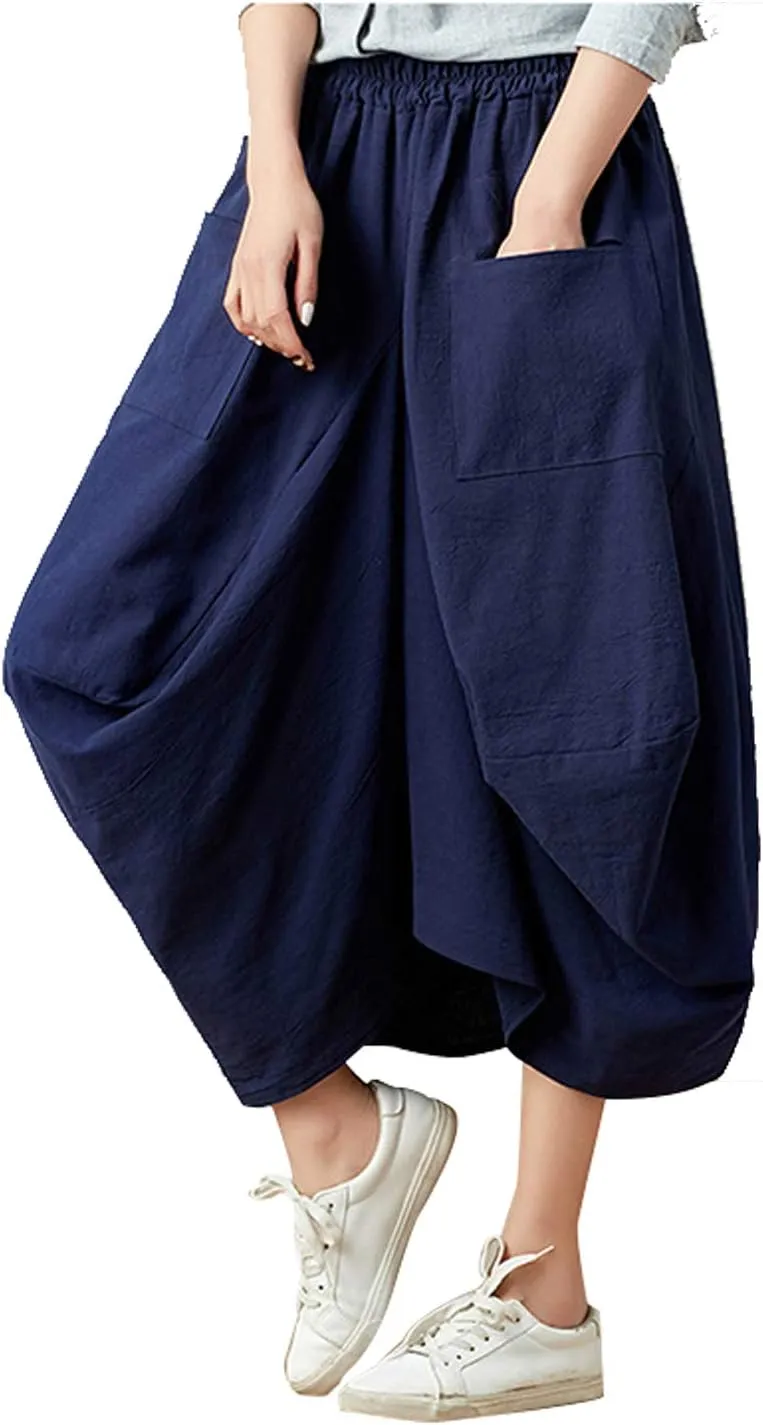 Women Casual Skirts Vintage Linen Cotton High Waisted Summer Midi Skirt