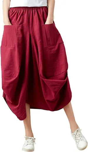 Women Casual Skirts Vintage Linen Cotton High Waisted Summer Midi Skirt