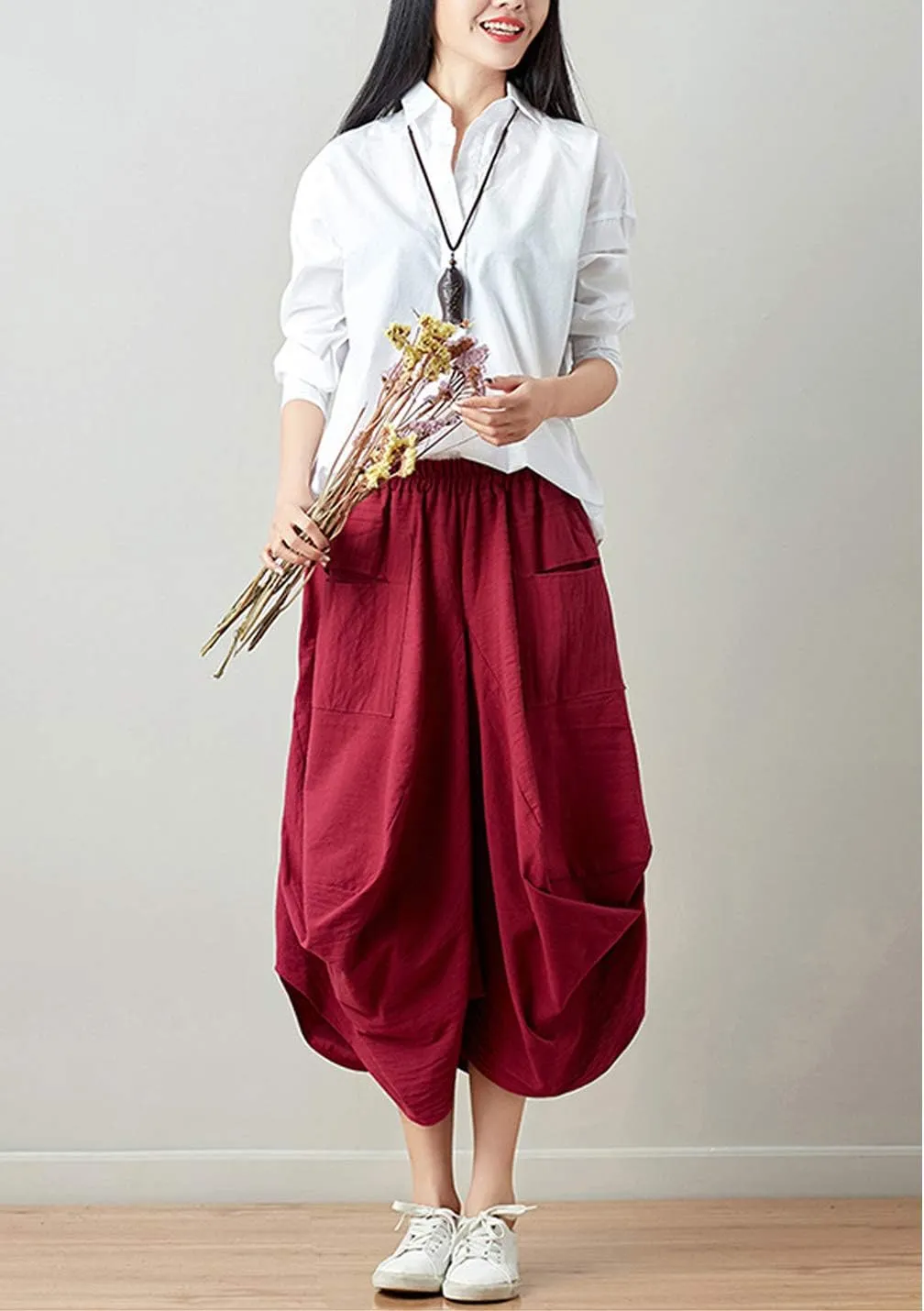Women Casual Skirts Vintage Linen Cotton High Waisted Summer Midi Skirt