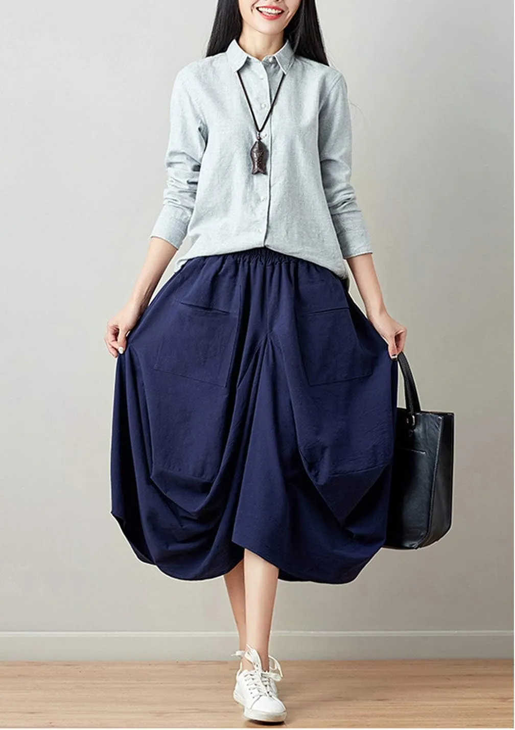 Women Casual Skirts Vintage Linen Cotton High Waisted Summer Midi Skirt