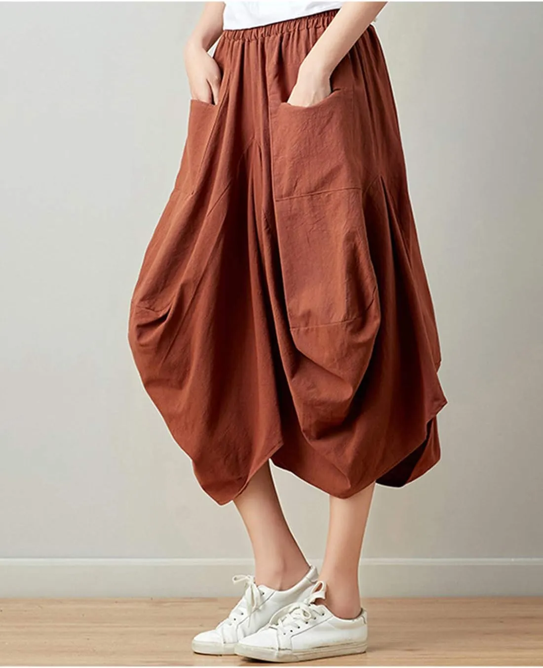 Women Casual Skirts Vintage Linen Cotton High Waisted Summer Midi Skirt