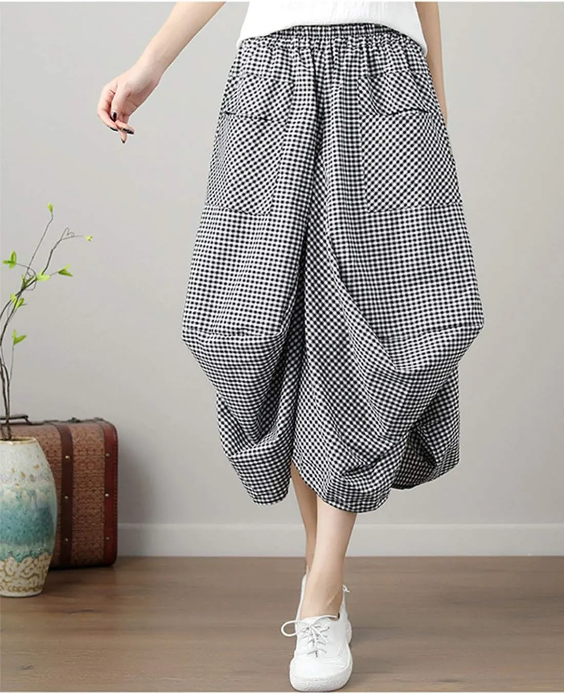 Women Casual Skirts Vintage Linen Cotton High Waisted Summer Midi Skirt