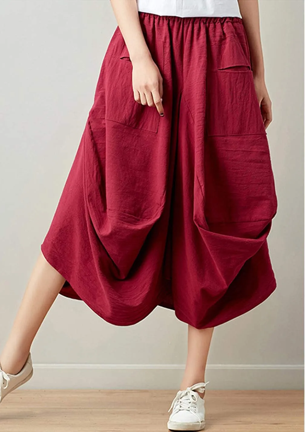 Women Casual Skirts Vintage Linen Cotton High Waisted Summer Midi Skirt