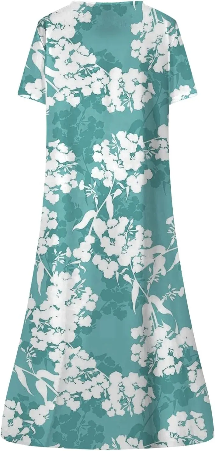 Women Casual Summer Stripe Button V Neck Sleeveless Pocket Long Dress Holiday Dress Floral Beach Party Sundress Midi Dress