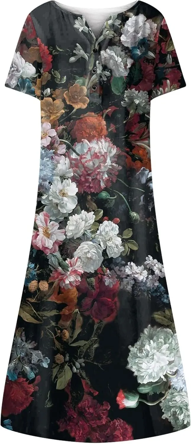 Women Casual Summer Stripe Button V Neck Sleeveless Pocket Long Dress Holiday Dress Floral Beach Party Sundress Midi Dress