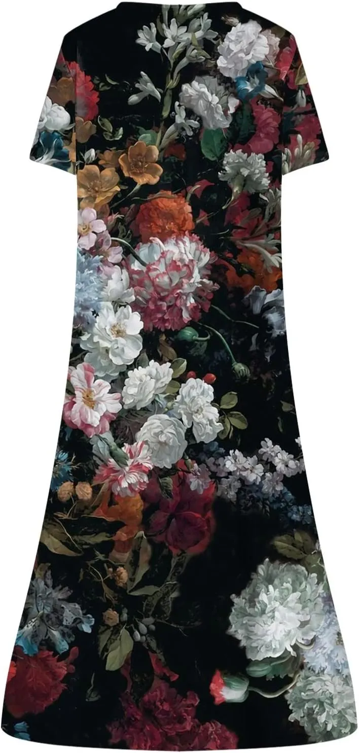 Women Casual Summer Stripe Button V Neck Sleeveless Pocket Long Dress Holiday Dress Floral Beach Party Sundress Midi Dress