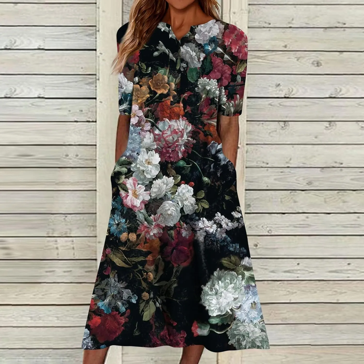 Women Casual Summer Stripe Button V Neck Sleeveless Pocket Long Dress Holiday Dress Floral Beach Party Sundress Midi Dress