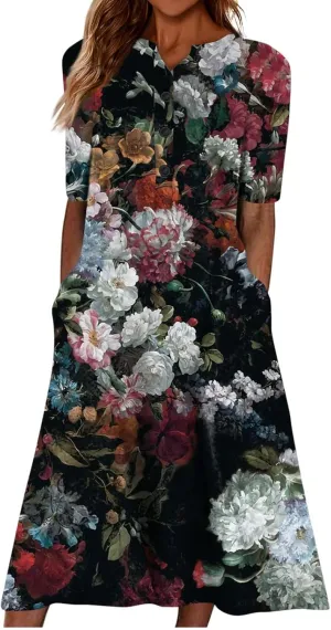 Women Casual Summer Stripe Button V Neck Sleeveless Pocket Long Dress Holiday Dress Floral Beach Party Sundress Midi Dress