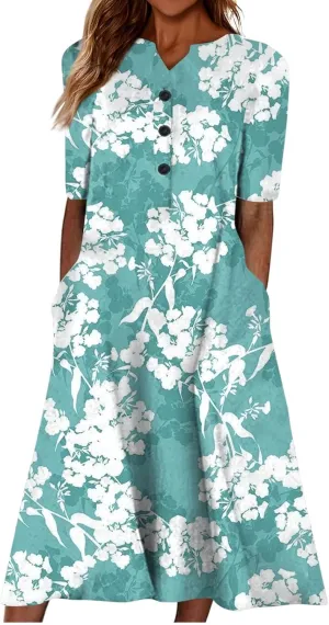Women Casual Summer Stripe Button V Neck Sleeveless Pocket Long Dress Holiday Dress Floral Beach Party Sundress Midi Dress