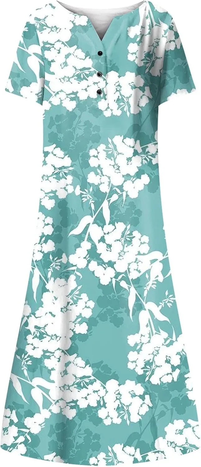 Women Casual Summer Stripe Button V Neck Sleeveless Pocket Long Dress Holiday Dress Floral Beach Party Sundress Midi Dress