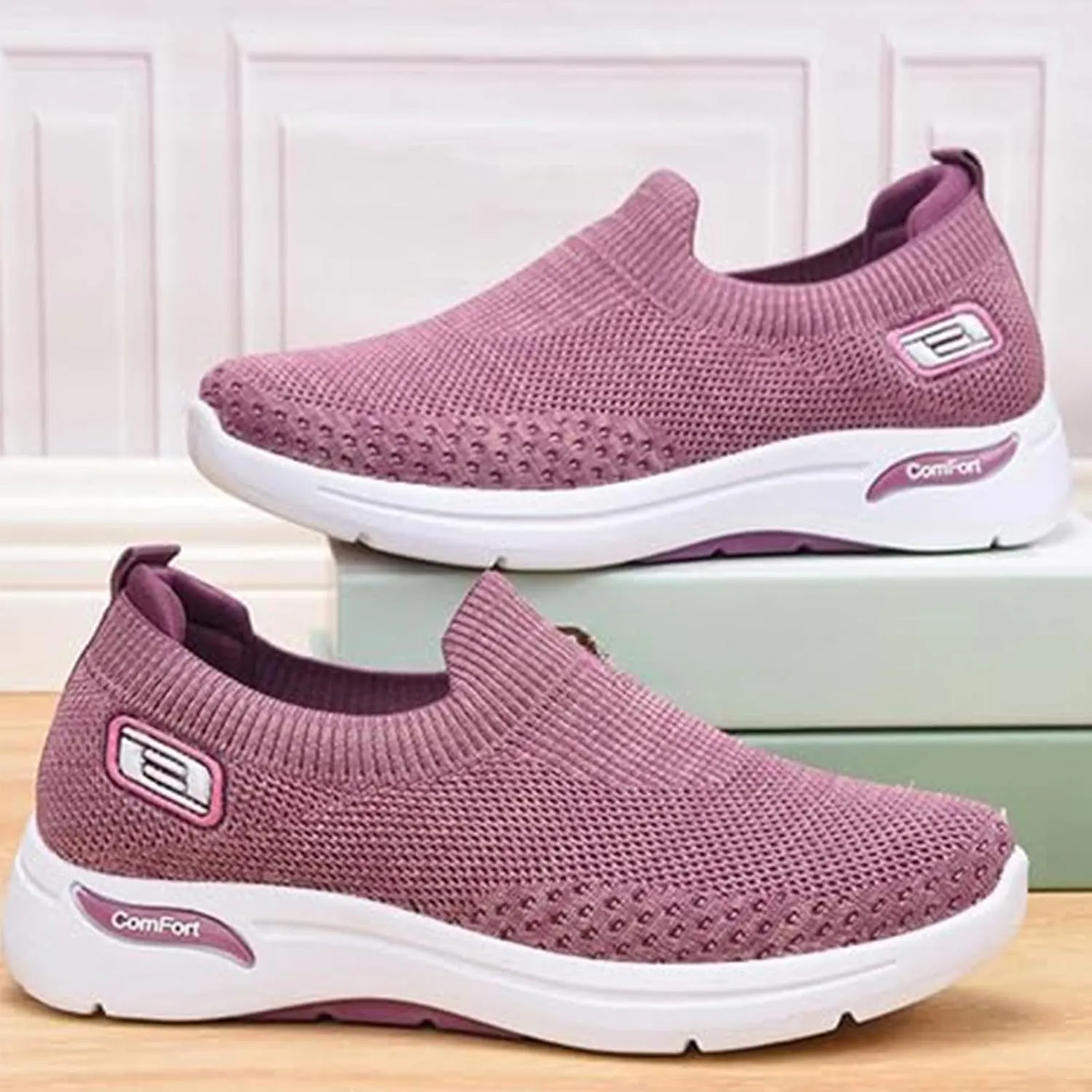 Women Casual Walking Shoes Breathable Soft Slip On Sneakers Comfortable Mesh Trainers Athletic Running Jogging Shoe Diabetic Foam Sneaker with Arch Support