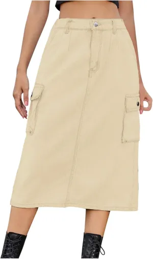 Women Denim Cargo Long Skirts High Waisted Pencil Skirt Midi Length Jean Skirt A-Line Denim Skirt with Cargo Pockets