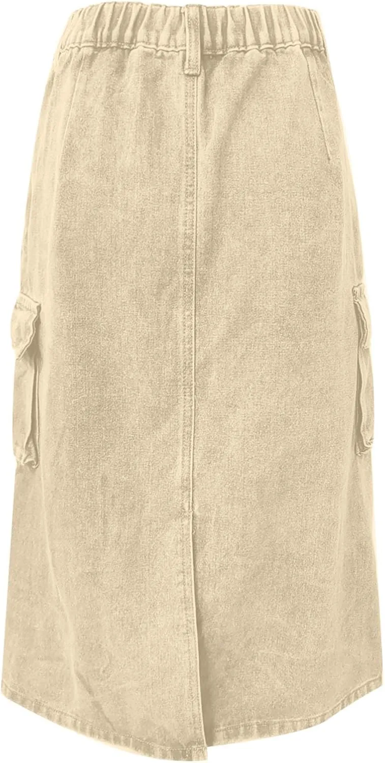 Women Denim Cargo Long Skirts High Waisted Pencil Skirt Midi Length Jean Skirt A-Line Denim Skirt with Cargo Pockets