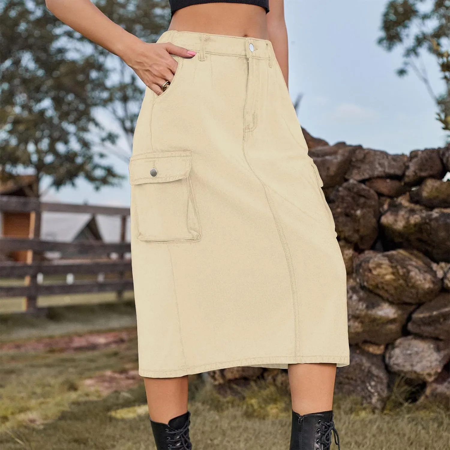 Women Denim Cargo Long Skirts High Waisted Pencil Skirt Midi Length Jean Skirt A-Line Denim Skirt with Cargo Pockets