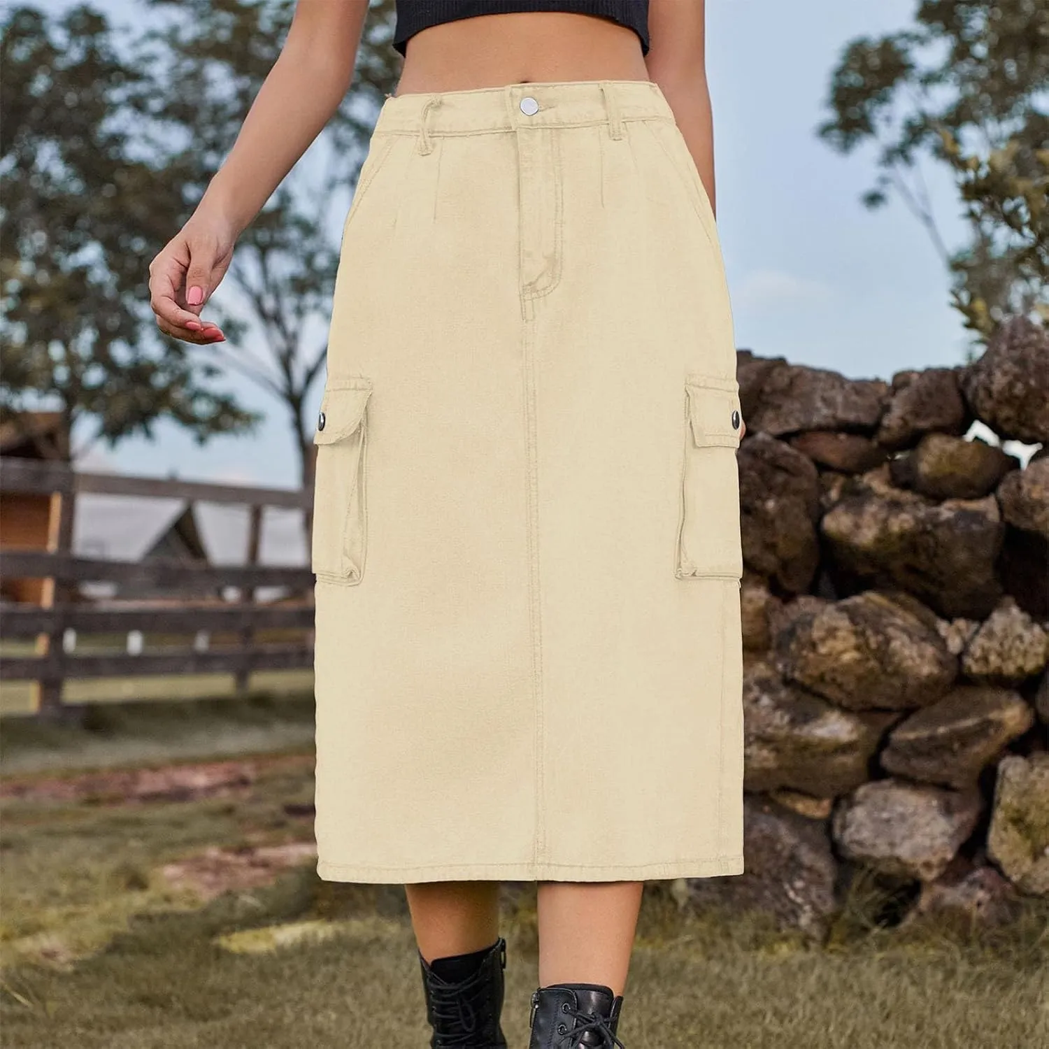 Women Denim Cargo Long Skirts High Waisted Pencil Skirt Midi Length Jean Skirt A-Line Denim Skirt with Cargo Pockets