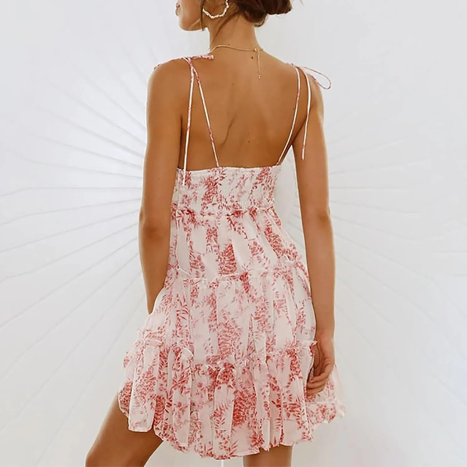 Women Floral Mini Dress Spaghetti Strap Milkmaid Ruffle Tiered Skater Dress Cute Summer Flowy Swing Beach Sun Dresses
