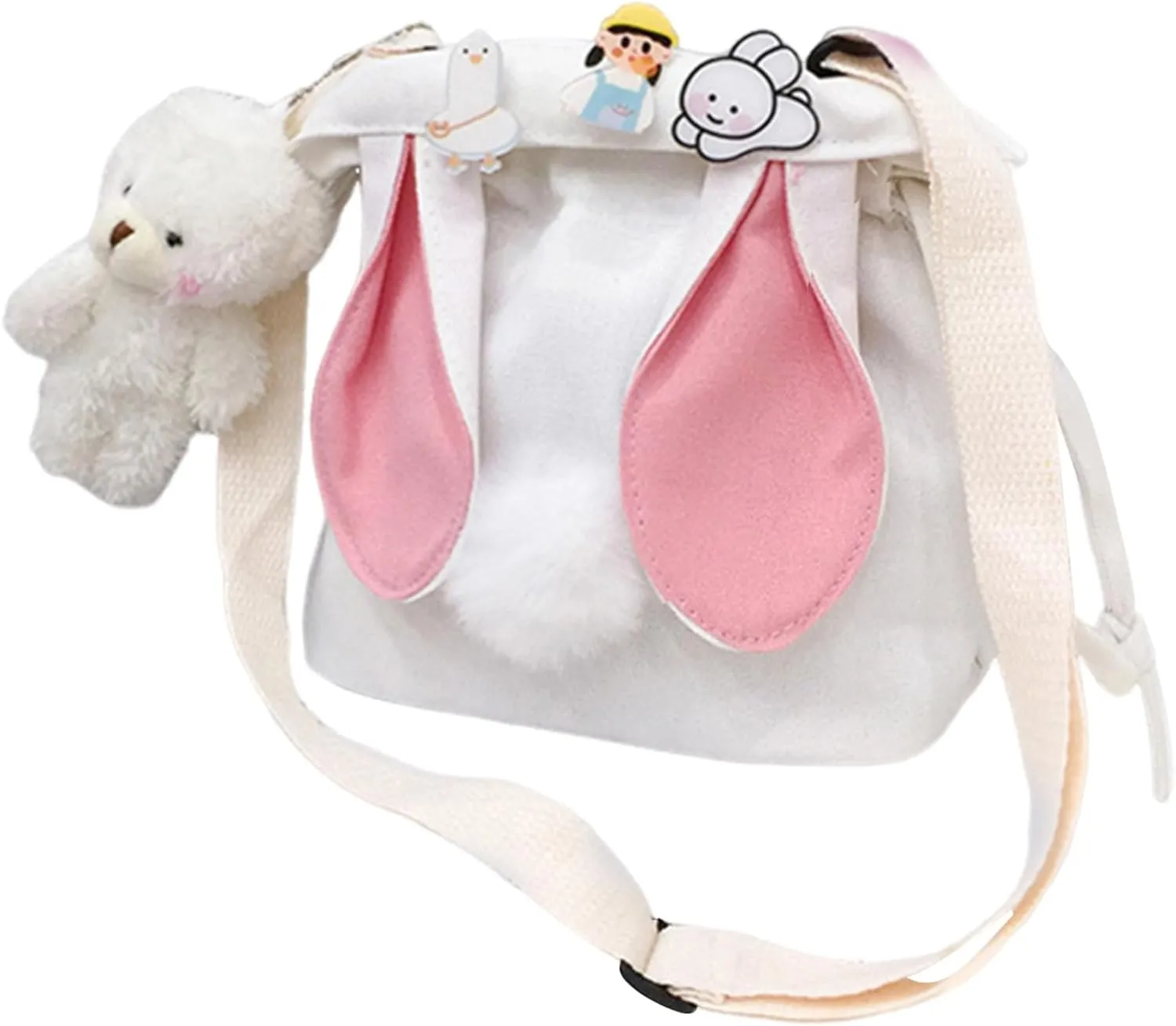 Women Girls Cute t Ears Canvas Small Crossbody Bag Drawstring Bucket Bag Adjustable Shoulder Bag Handbag Purse