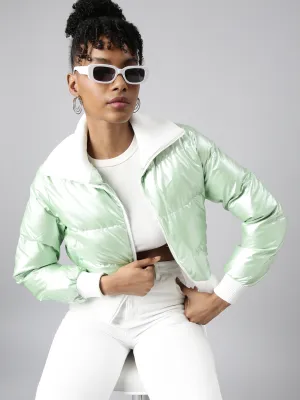 Women Green Mock Collar Puffer Jacket