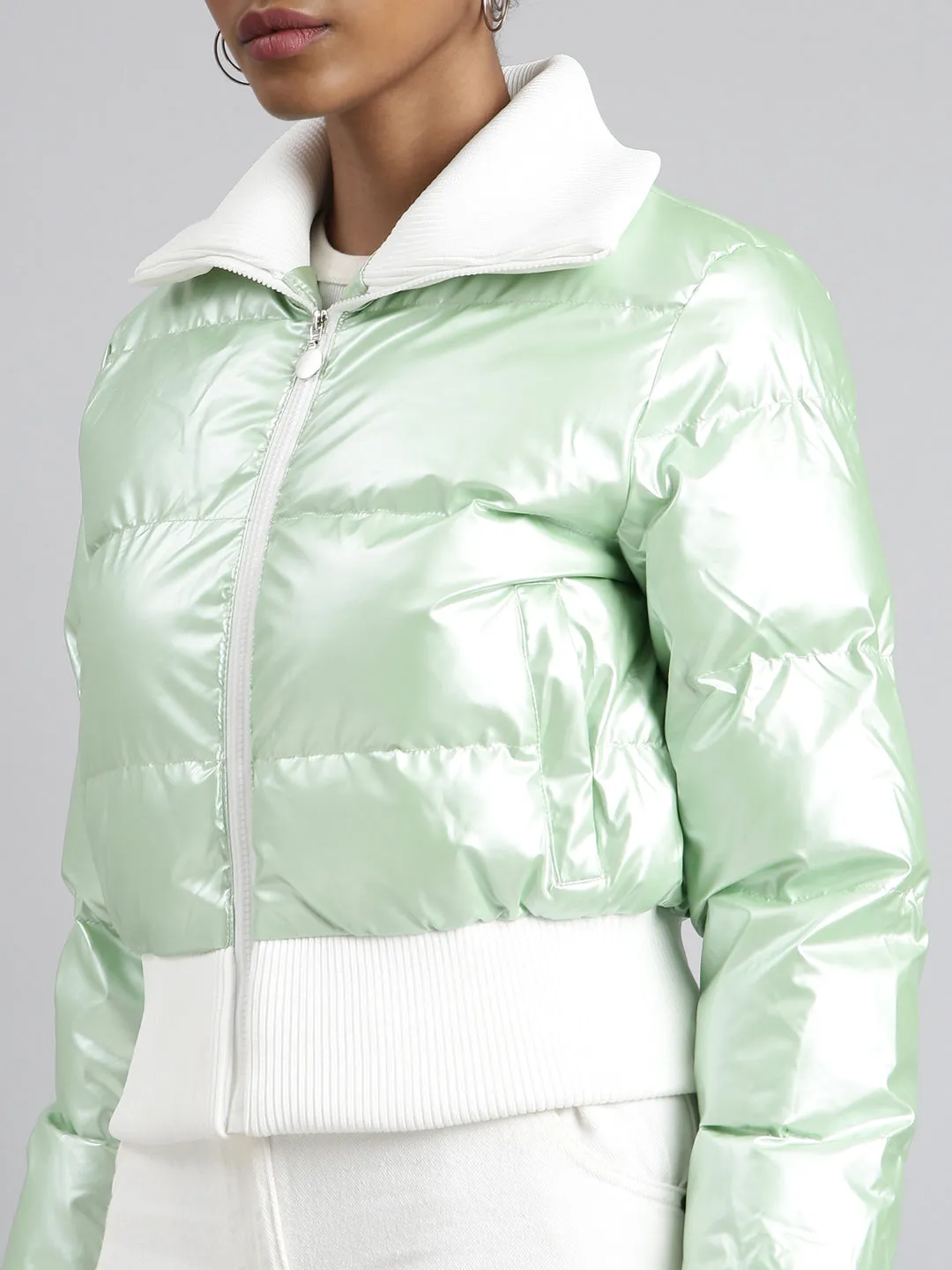 Women Green Mock Collar Puffer Jacket