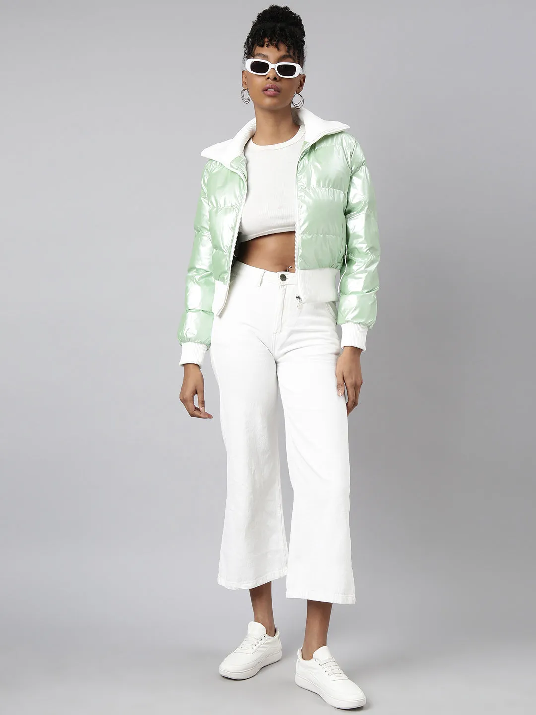 Women Green Mock Collar Puffer Jacket