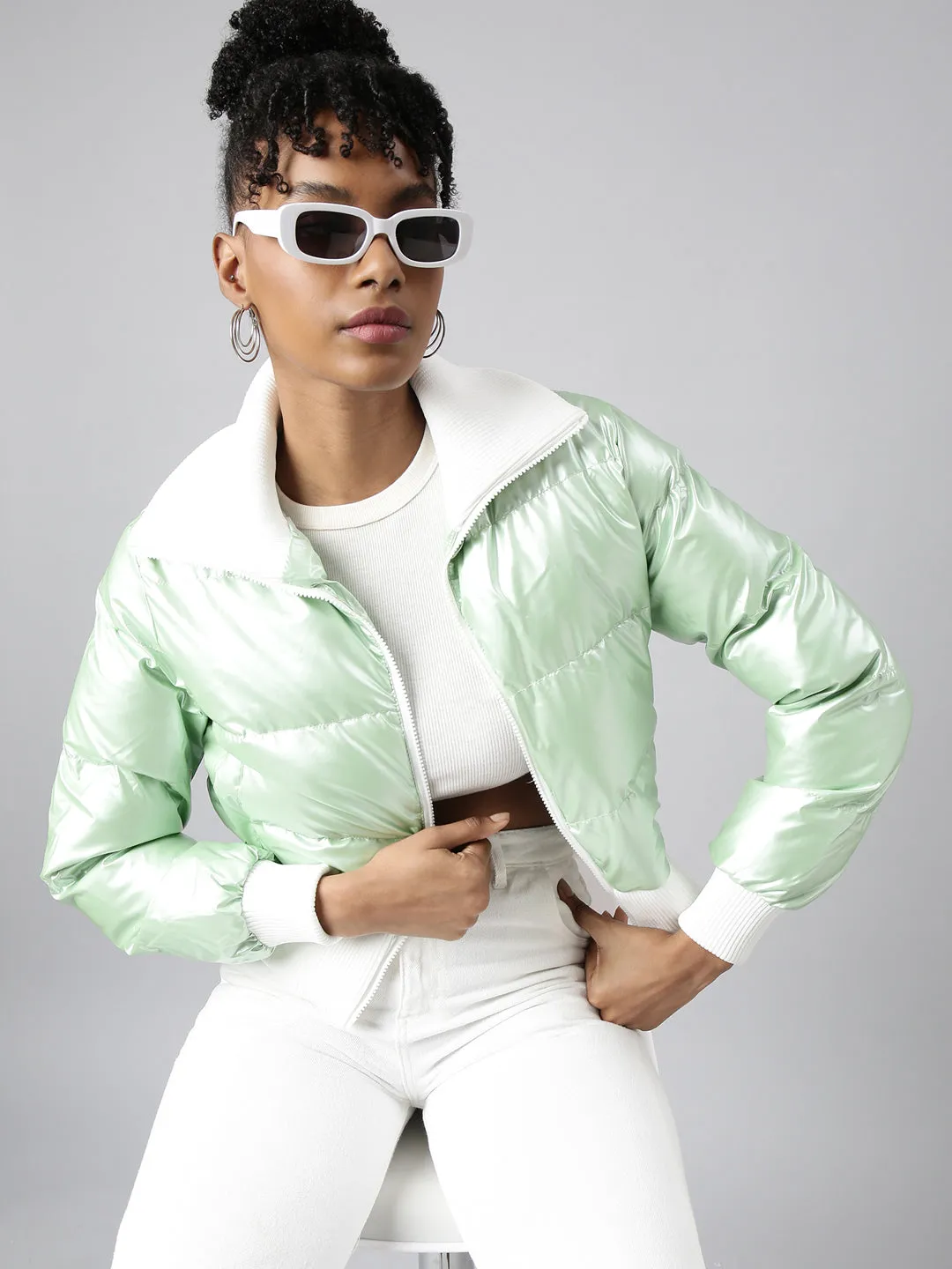 Women Green Mock Collar Puffer Jacket