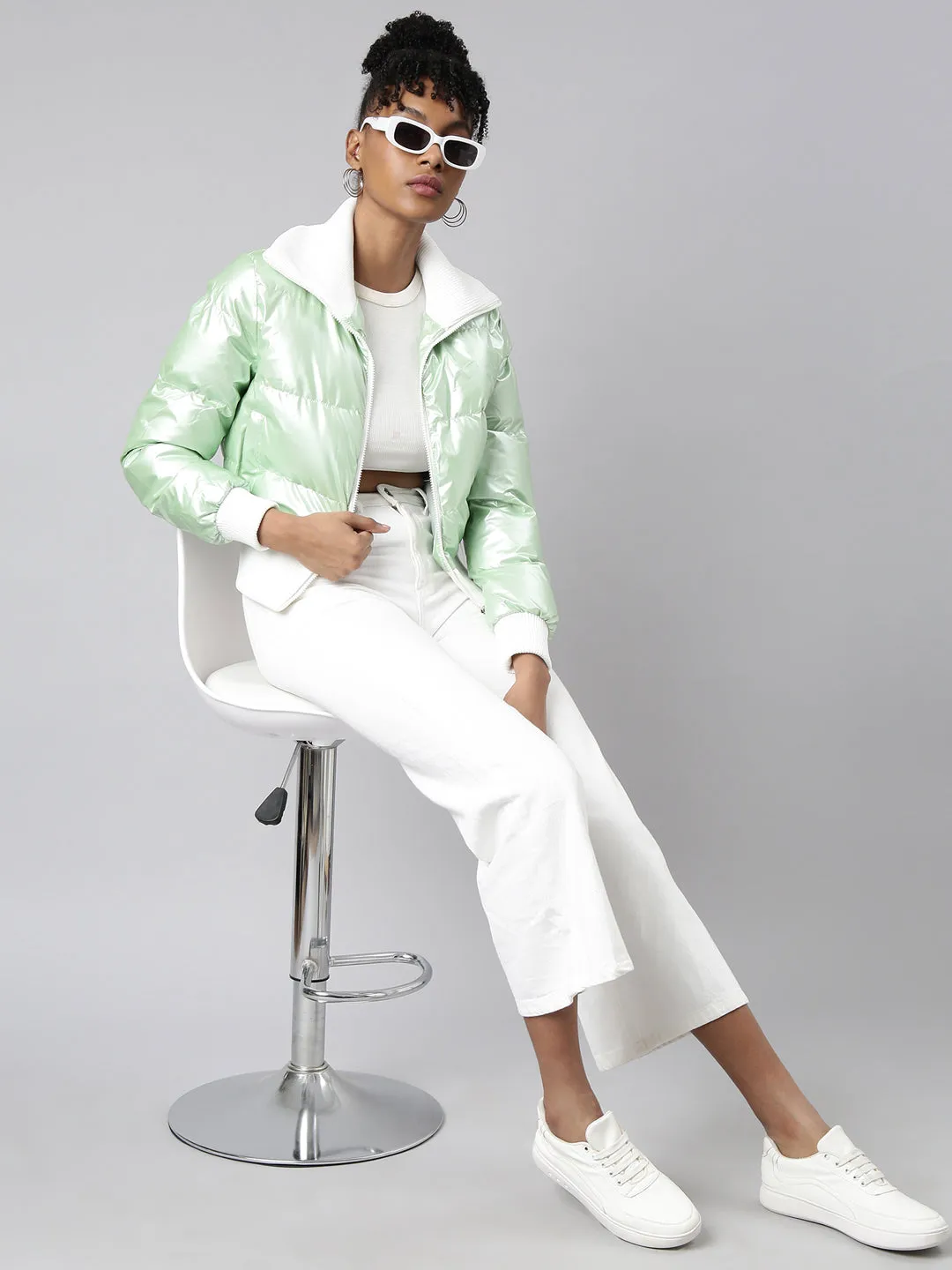 Women Green Mock Collar Puffer Jacket