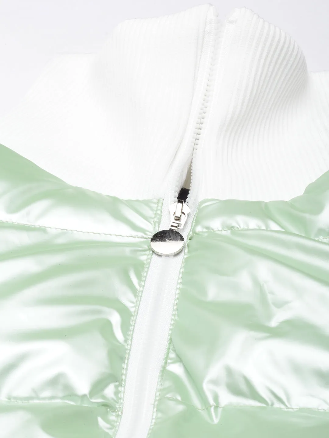 Women Green Mock Collar Puffer Jacket