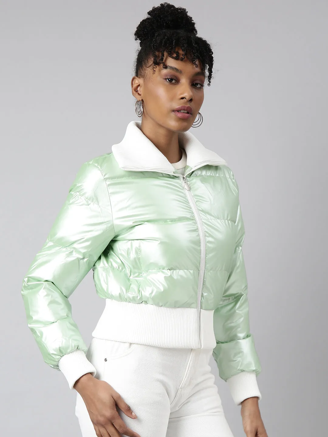 Women Green Mock Collar Puffer Jacket