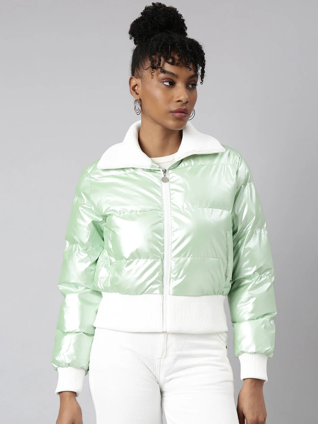 Women Green Mock Collar Puffer Jacket