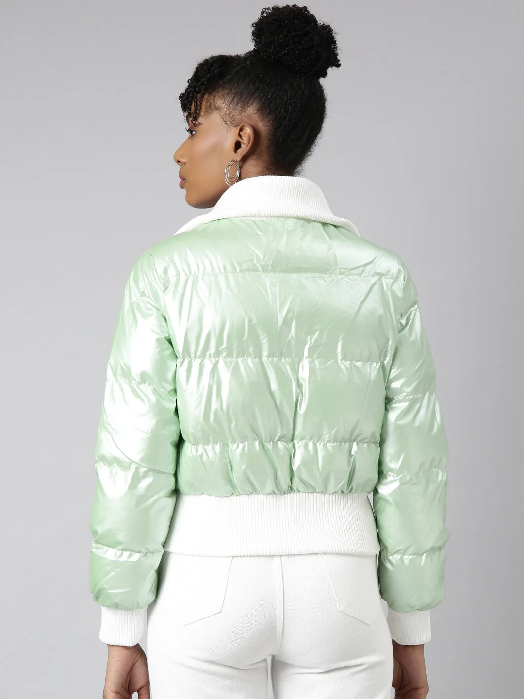 Women Green Mock Collar Puffer Jacket