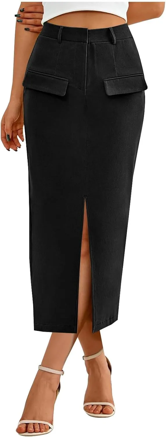 Women High Waisted Cargo Midi Skirt Y2k Summer Vintage Pencil Slit Long Skirts Dressy Casual Business Work Skirts