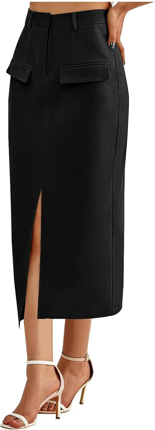 Women High Waisted Cargo Midi Skirt Y2k Summer Vintage Pencil Slit Long Skirts Dressy Casual Business Work Skirts