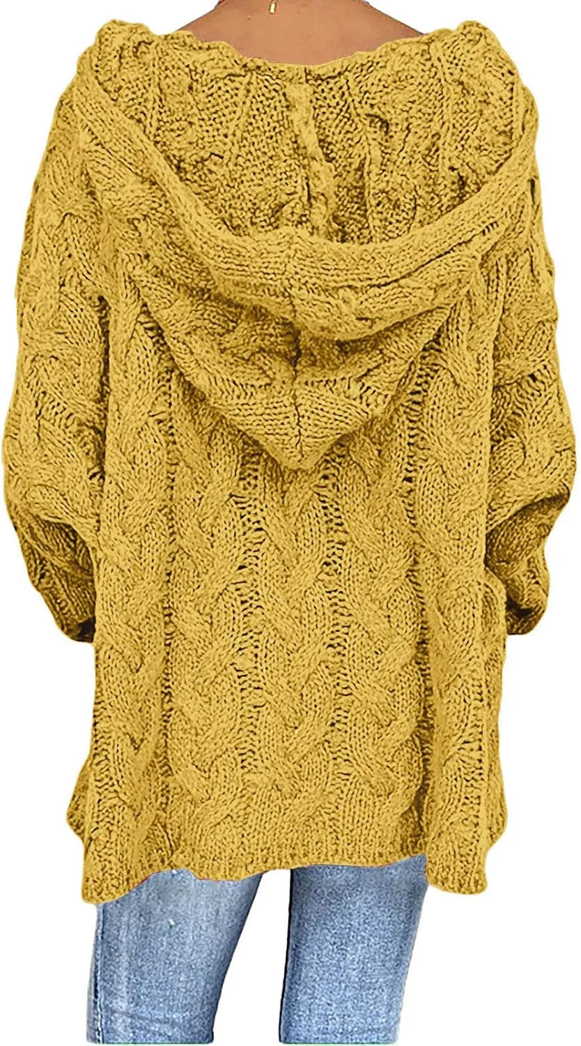Women Hooded Cable Knit Sweaters Solid Color Long Seelve Chunky Pullover Sweater Casual Jumper Top Oversized Hoodies