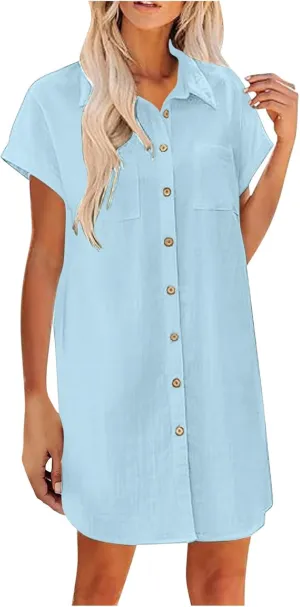 Women Loose Linen Mini Dress Summer Button Down T Shirt Dress Flowy Ruffle Short Sleeve Shift Dress with Pocket