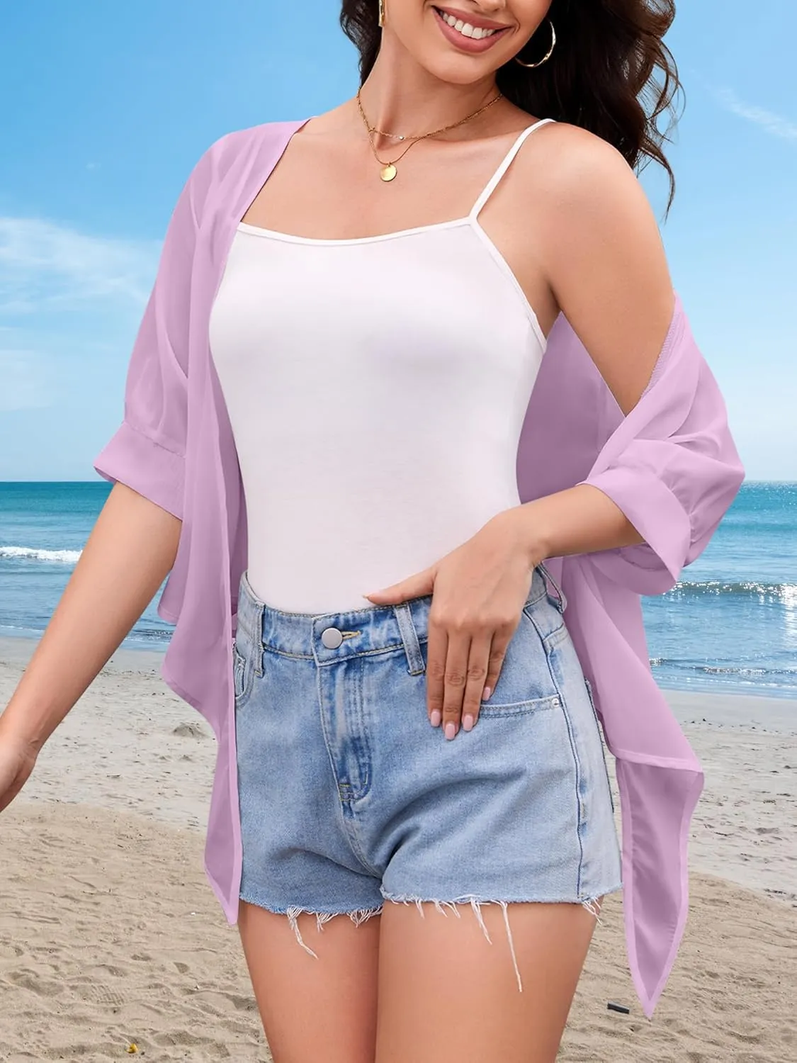 Women Shrug Cardigans Soft Chiffon Summer Tops 3/4 Sleeve Lightweight Cropped Cardigan Tie Front Bolero for Dresses