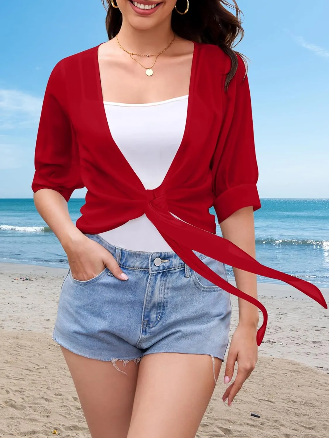 Women Shrug Cardigans Soft Chiffon Summer Tops 3/4 Sleeve Lightweight Cropped Cardigan Tie Front Bolero for Dresses