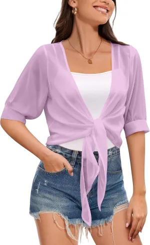 Women Shrug Cardigans Soft Chiffon Summer Tops 3/4 Sleeve Lightweight Cropped Cardigan Tie Front Bolero for Dresses