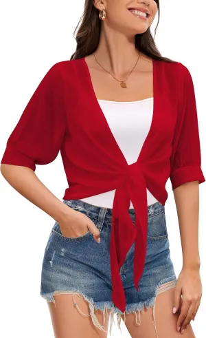 Women Shrug Cardigans Soft Chiffon Summer Tops 3/4 Sleeve Lightweight Cropped Cardigan Tie Front Bolero for Dresses