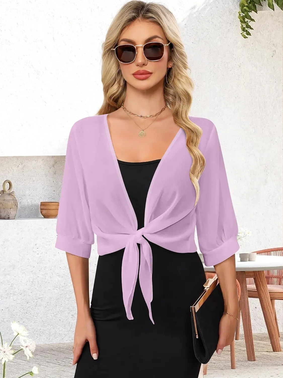 Women Shrug Cardigans Soft Chiffon Summer Tops 3/4 Sleeve Lightweight Cropped Cardigan Tie Front Bolero for Dresses