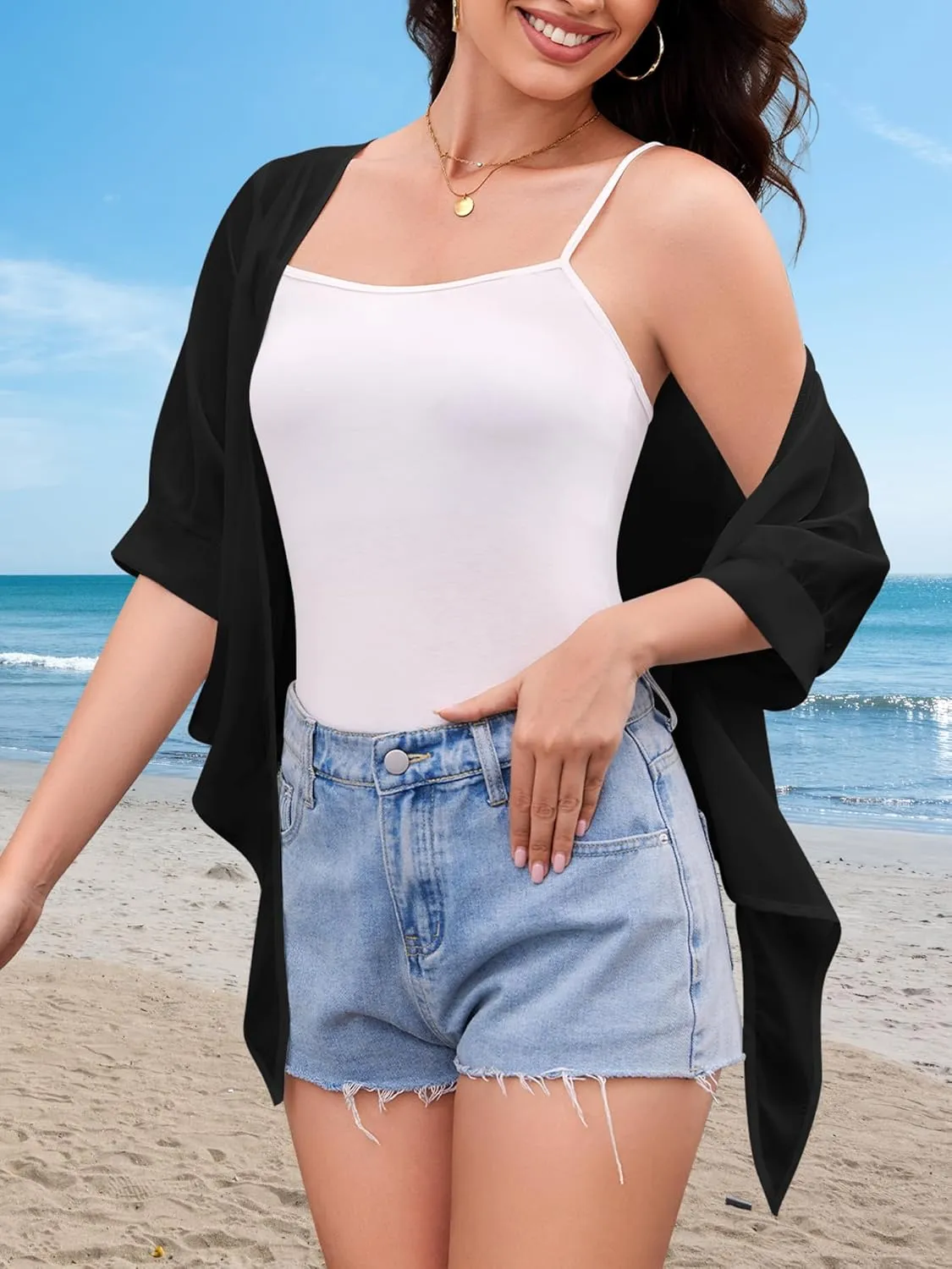 Women Shrug Cardigans Soft Chiffon Summer Tops 3/4 Sleeve Lightweight Cropped Cardigan Tie Front Bolero for Dresses