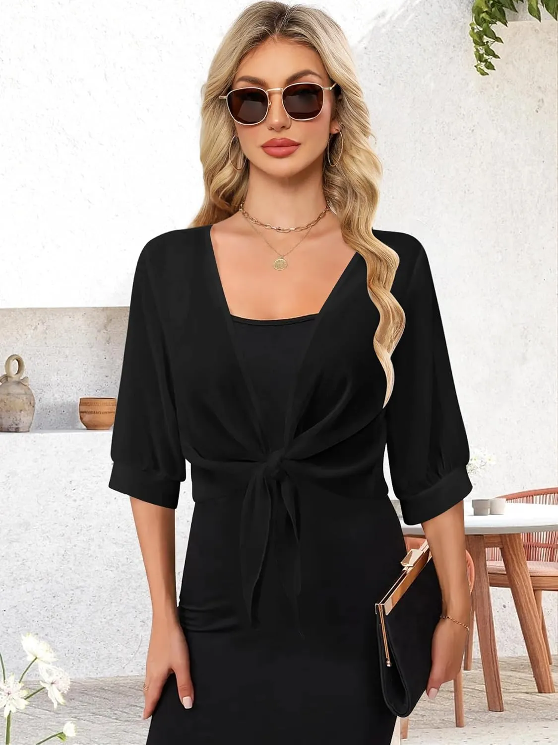 Women Shrug Cardigans Soft Chiffon Summer Tops 3/4 Sleeve Lightweight Cropped Cardigan Tie Front Bolero for Dresses