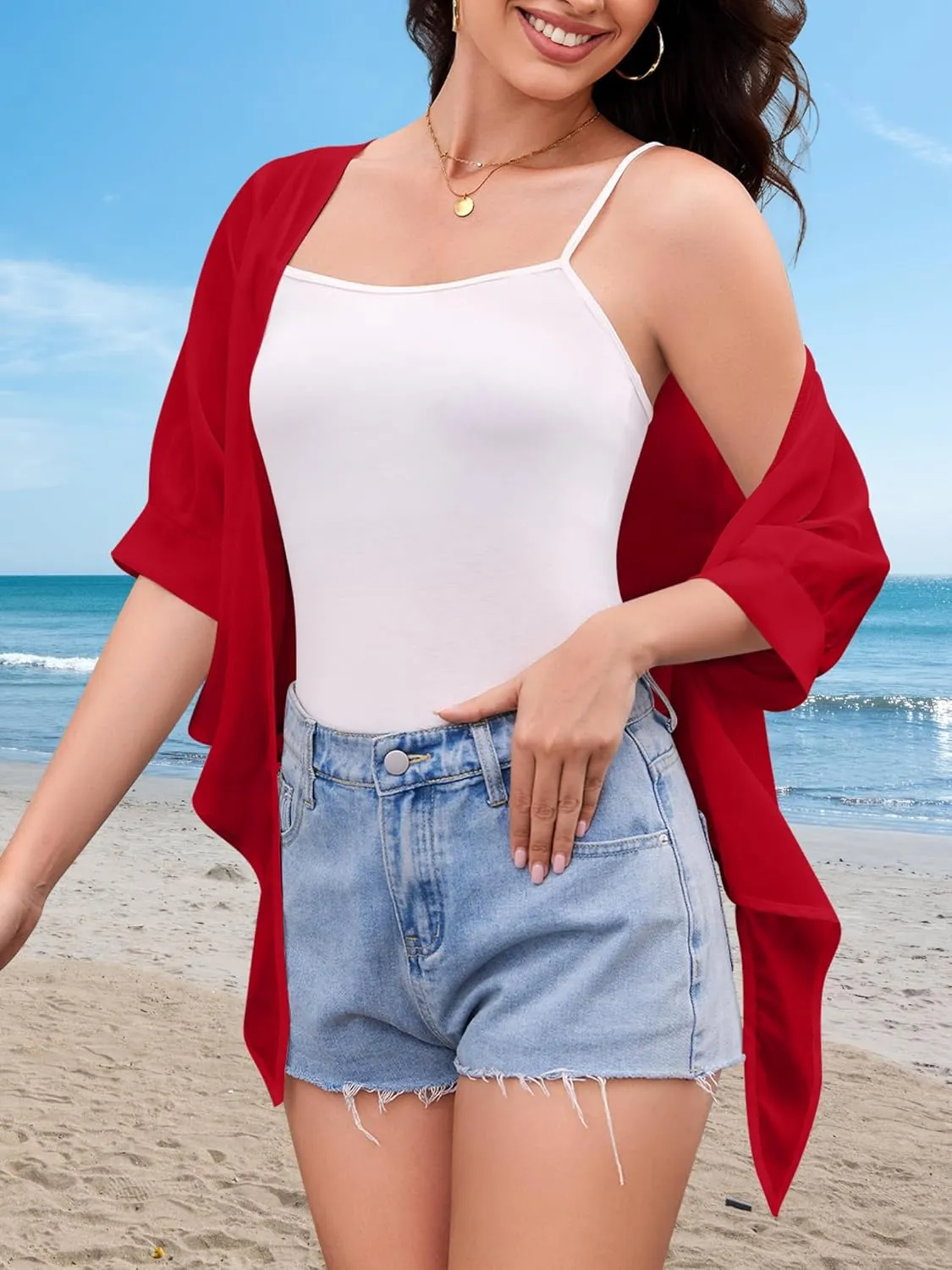 Women Shrug Cardigans Soft Chiffon Summer Tops 3/4 Sleeve Lightweight Cropped Cardigan Tie Front Bolero for Dresses