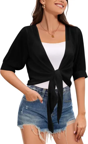 Women Shrug Cardigans Soft Chiffon Summer Tops 3/4 Sleeve Lightweight Cropped Cardigan Tie Front Bolero for Dresses