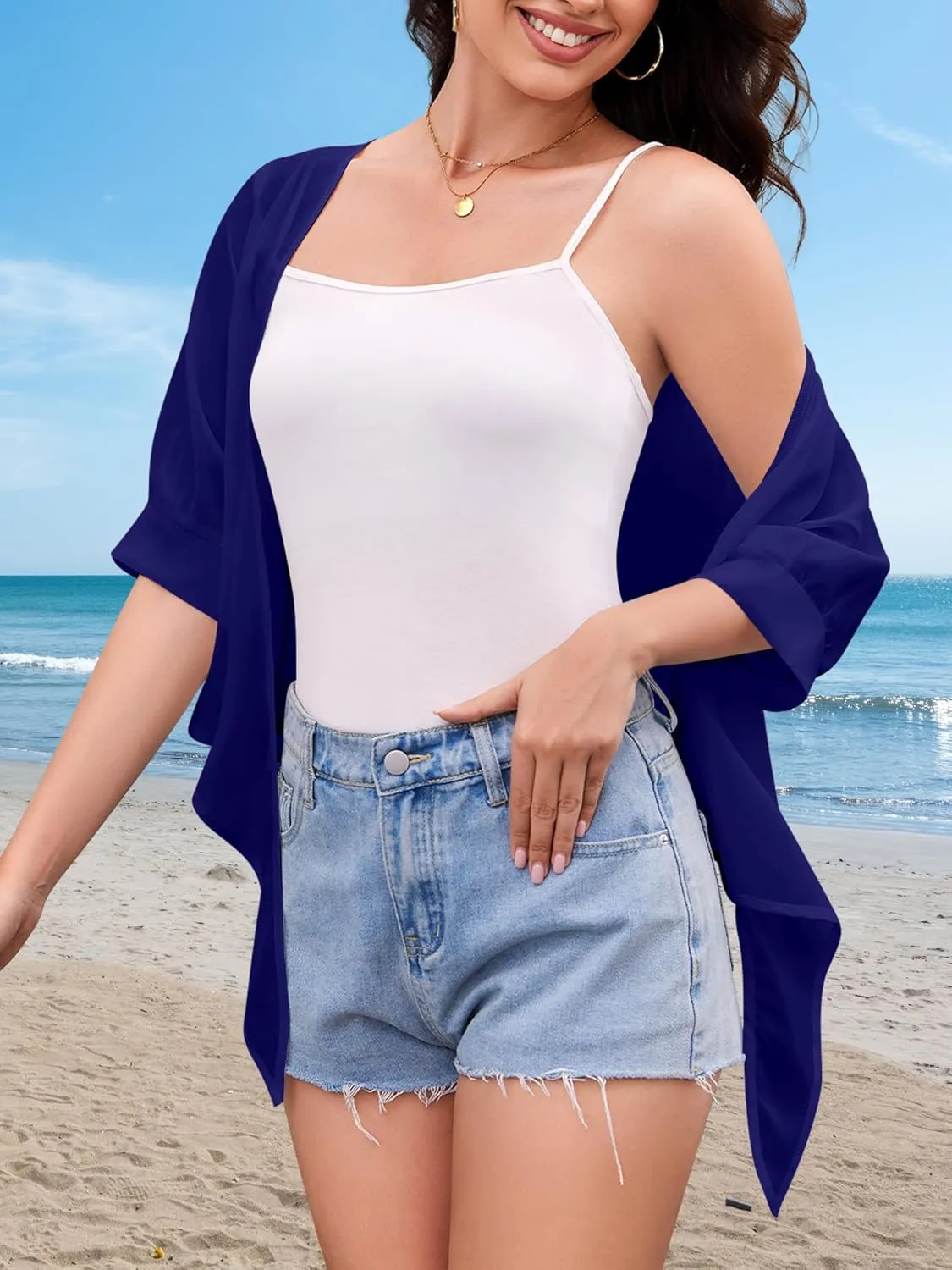 Women Shrug Cardigans Soft Chiffon Summer Tops 3/4 Sleeve Lightweight Cropped Cardigan Tie Front Bolero for Dresses