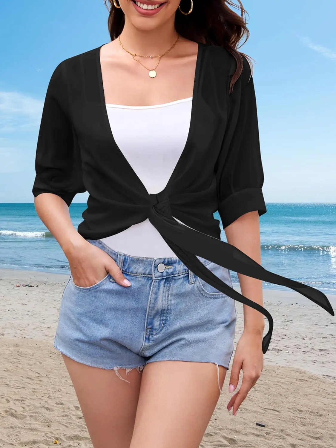 Women Shrug Cardigans Soft Chiffon Summer Tops 3/4 Sleeve Lightweight Cropped Cardigan Tie Front Bolero for Dresses
