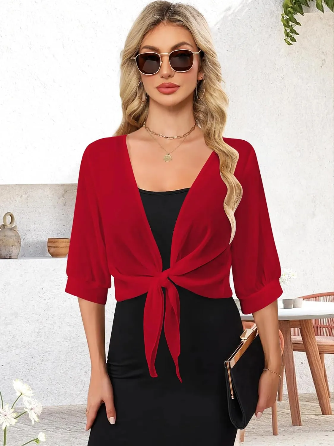 Women Shrug Cardigans Soft Chiffon Summer Tops 3/4 Sleeve Lightweight Cropped Cardigan Tie Front Bolero for Dresses
