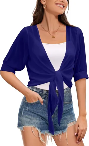 Women Shrug Cardigans Soft Chiffon Summer Tops 3/4 Sleeve Lightweight Cropped Cardigan Tie Front Bolero for Dresses