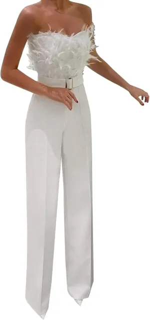 Women Strapless Jumpsuits Feather High Waist Rompers Sexy Dressy Playsuit Slim Fit Wide Leg Jumpsuit One-Piece Set